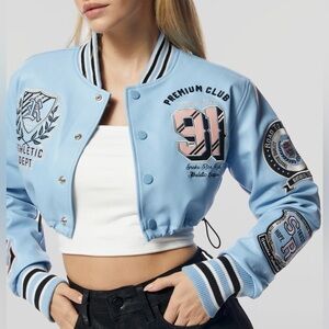 NEW! Smoke Rise Red PU Leather Varsity Jacket Coat Baby Blue Cropped Y2K  Sz S